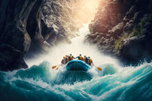 A Group Of People Rafting On A Swift River, With Waves And Waterfalls In The Background, Illustration - Generative AI