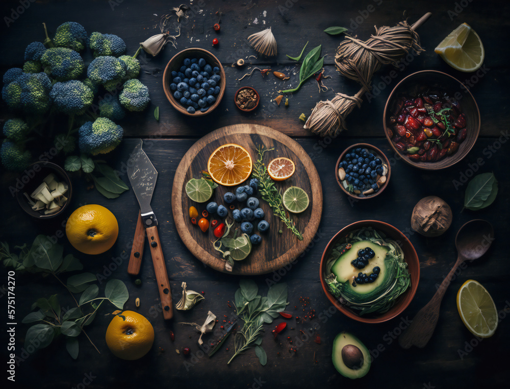 Colorful flat lay of fresh and healthy food on rustic wooden table, top view, healthy lifestyle and clean eating concept, generative AI