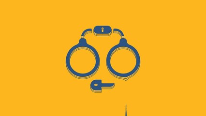 Sticker - Blue Handcuffs icon isolated on orange background. 4K Video motion graphic animation