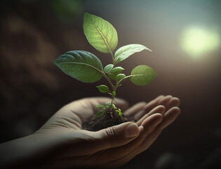 nurturing a new life, hand holding small green plant, environmental conservation, generative AI