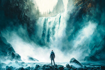 Wall Mural - A person standing at the base of a majestic waterfall, with mist and spray filling the air and the sound of rushing water all around, illustration - Generative AI