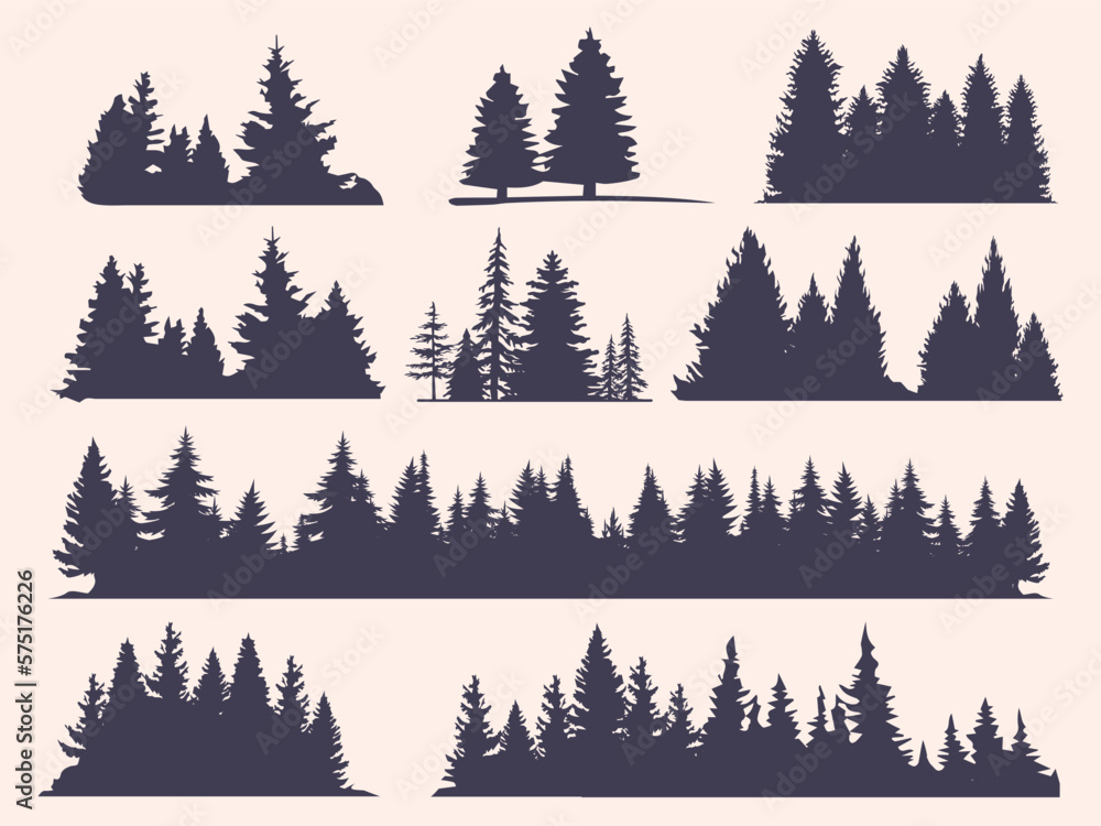 Vintage trees and forest silhouettes set in monochrome style isolated ...