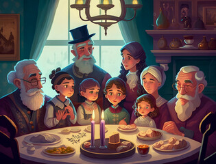 Wall Mural - A Cartoon of a Family at a Passover Seder | Generative AI