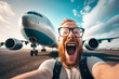 Excited traveler taking a selfie in front of an airplane, generative ai
