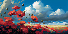 Illustration Of World War One Battlefields Filled With Poppies.