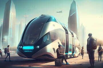 Wall Mural - New means of autonomous public human transport in the future. Futuristic city in the background, with people and androids together waiting for the means of transport. Generative AI.