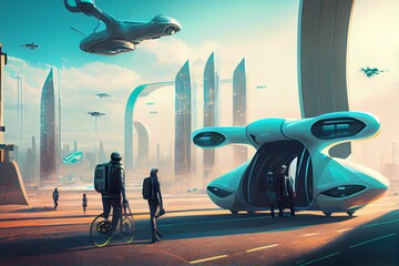 Wall Mural - New means of autonomous public human transport in the future. Futuristic city in the background, with people and androids together waiting for the means of transport. Generative AI.