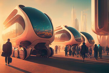 Wall Mural - New means of autonomous public human transport in the future. Futuristic city in the background, with people and androids together waiting for the means of transport. Generative AI.