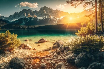 Wall Mural - Awe-Inspiring Panorama of Eibsee Lake and Zugspitze Range Generative AI	