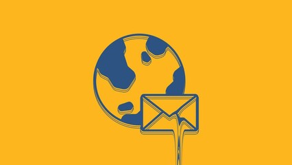 Sticker - Blue Earth globe with mail and e-mail icon isolated on orange background. Envelope symbol e-mail. Email message sign. 4K Video motion graphic animation