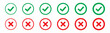 checkmark icon. x or confirm symbol. deny, confirm, close delete denied buttons. red cross mark signs, vector illustration