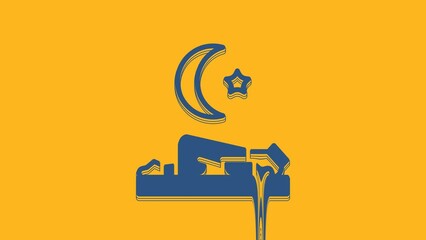 Sticker - Blue Muslim man prays on the carpet icon isolated on orange background. 4K Video motion graphic animation