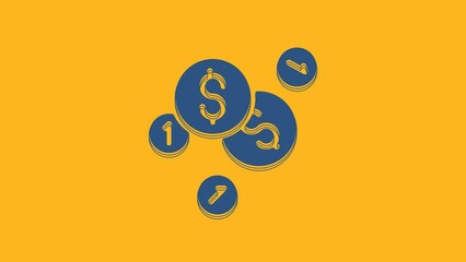 Poster - Blue Coin money with dollar symbol icon isolated on orange background. Banking currency sign. Cash symbol. 4K Video motion graphic animation