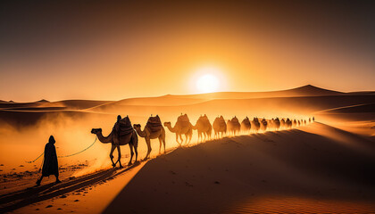 sahara desert dunes and camel train at sunrise created with generative ai technology