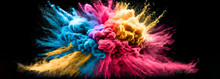 Abstract Explosion Of Colored Powder Dust And Smoke On Black Background.  Image Created With Generative Ai. 