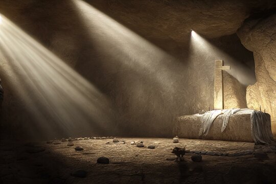 empty tomb of jesus christ. abandoned shroud and crown of thorns on the floor. light pouring into th