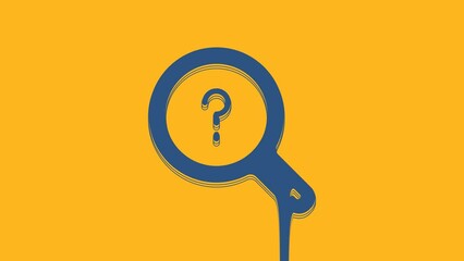 Wall Mural - Blue Unknown search icon isolated on orange background. Magnifying glass and question mark. 4K Video motion graphic animation