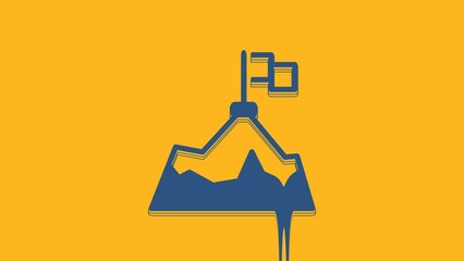 Sticker - Blue Mountains with flag on top icon isolated on orange background. Symbol of victory or success concept. Goal achievement. 4K Video motion graphic animation