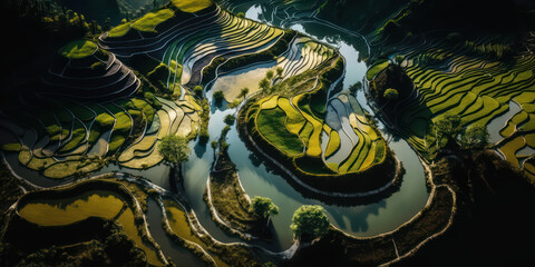 Aerial view of oriental Rice fields, surreal rice cultivation landscape, asian green planes and plantations, generative ai