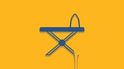 Sticker - Blue Electric iron and ironing board icon isolated on orange background. Steam iron. 4K Video motion graphic animation