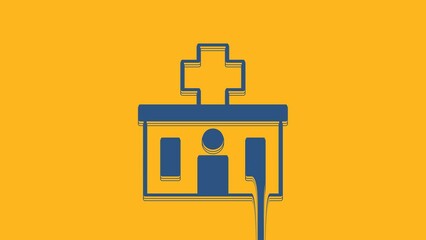 Sticker - Blue Medical hospital building with cross icon isolated on orange background. Medical center. Health care. 4K Video motion graphic animation