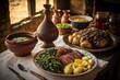 Feijão tropeiro, typical Brazilian food, in copper pot, rustic cuisine, with ingredients and vegetables, GENERATIVE AI