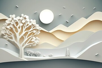 Beautiful forest landscape background paper cut style. Generative AI