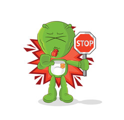 Sticker - alien holding stop sign. cartoon mascot vector