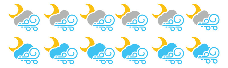 windy night weather icon set. strong wind night weather icon. cloud, moon, and wind symbol in colors