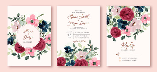 wedding invitation set with beautiful floral watercolor