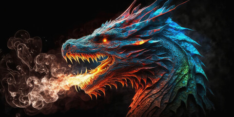Wall Mural - RGB dragon breathing fire. Mythology creature. Dark fantasy illustration. Generative AI