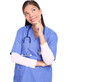 © Maridav - Thinking nurse or medical professional in blue scrubs pondering looking up to the side isolated cutout PNG on transparent background. Woman model in her twenties.
