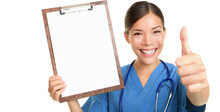 Nurse Showing Blank Clipboard Sign Smiling Giving Thumbs Up Success Sign Wearing Stethoscope And Scrubs. Asian Caucasian Female Nurse Or Young Doctor Isolated Cutout PNG On Transparent Background.