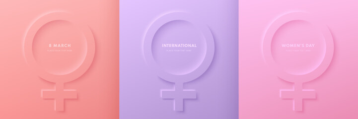 Wall Mural - Set of women female symbol 3D background with pink, coral red and purple color. Women's international day design elements. Vector pastel minimal neumorphism design. Use for cover, social template.