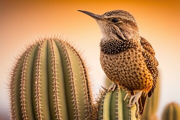 Wall Mural - Cactus wren up up and personal on a saguaro cactus pad Generative AI