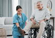 © Mumtaaz D/peopleimages.com - Wheelchair help, nursing home and man with injury or disability with nurse support. Wellness, healthcare and retirement of a elderly person with foot pain from a medical problem with caregiver