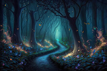 Fantasy Forest At Night, Magic Glowing Path And Lights In Fairytale Wood, Generative AI