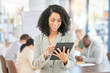© Lune V A/peopleimages.com - Happy, black woman and digital tablet in office for planning, app and schedule against blurred background. Business, leader and female with digital marketing, advertising or creative idea for startup