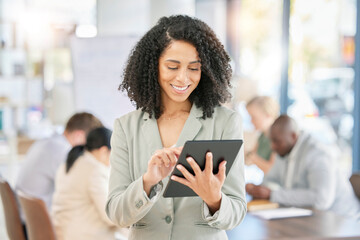 Poster - Happy, black woman and digital tablet in office for planning, app and schedule against blurred background. Business, leader and female with digital marketing, advertising or creative idea for startup