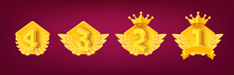 Poster - Golden rank emblems with numbers and wreaths. Game achievement badges collection. 3d vector clipart