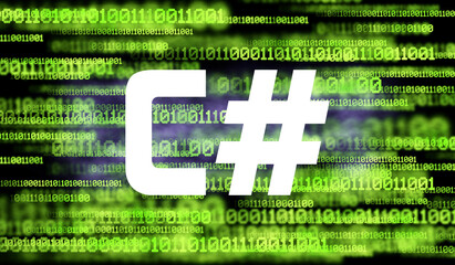 Wall Mural - word c# and abstract cyberspace with binary code on dark background. c sharp programming language.