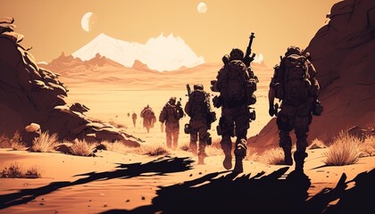 Poster - Soldiers marching in the desert with weapons