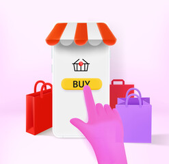 Leinwandbilder - Online shopping concept with smartphone. 3d vector illustration
