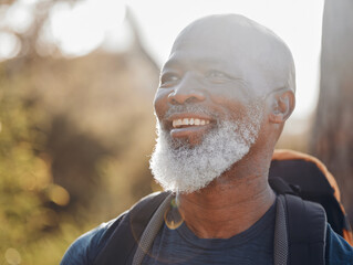 Wall Mural - Happy hiking, senior black man and nature walking, forest adventure or outdoor travel journey. Person or elderly hiker with backpack trekking in woods for retirement health, fitness and wellness