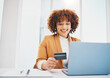 © Rene La/peopleimages.com - Black woman, laptop and office with credit card for e-commerce or shopping on web with smile for cybersecurity. Corporate executive, computer and ecommerce for retail, discount and fintech at desk