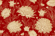 Beautiful seamless pattern with hand drawn golden flowers of Chrysanthemum and leaves on a dark red background. Vector illustration of Chrysanthemum. Floral elements for textile design