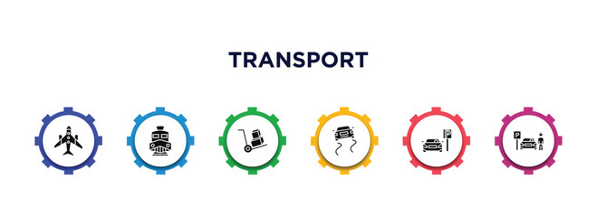 Sticker - transport filled icons with infographic template. glyph icons such as airplane pointing up, diesel train, cart with boxes, slippy road, car parking, parking men vector.