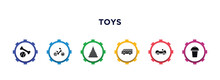 Toys Filled Icons With Infographic Template. Glyph Icons Such As Puppy Toy, Ride On Toy, Circle Toy, Bus Cart Bucket Vector.