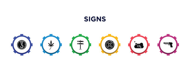 signs filled icons with infographic template. glyph icons such as hoist, marijuana, roads, traffic, co2, weapon vector.