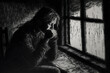 © Alex - Sad depression illustration. The girl at the window.  silhouette. Generative AI